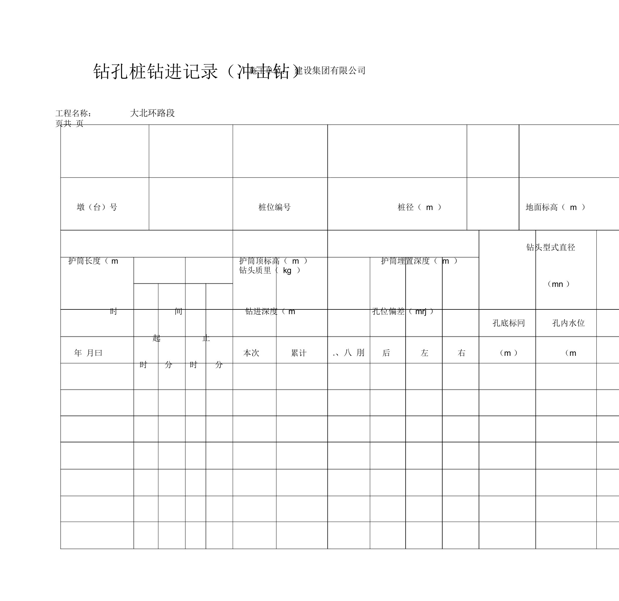 钻孔桩钻进原始记录表冲击钻