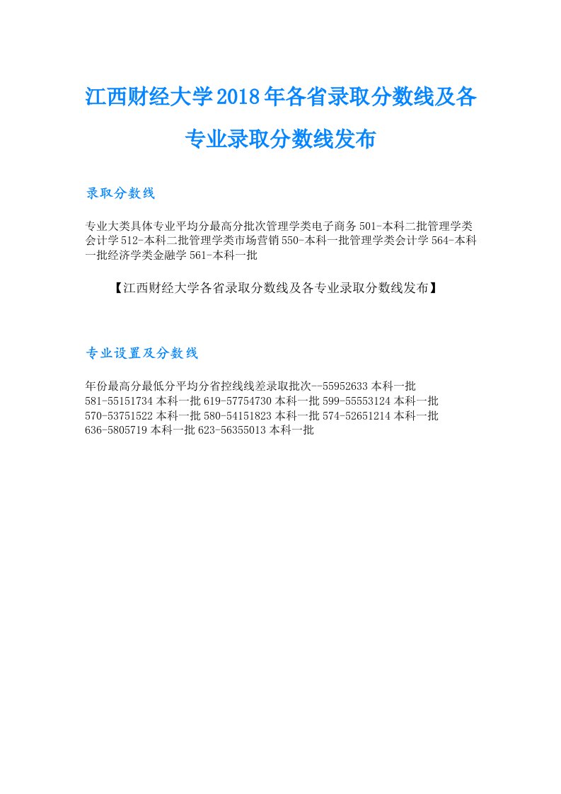 江西财经大学2018年各省录取分数线及各专业录取分数线发布