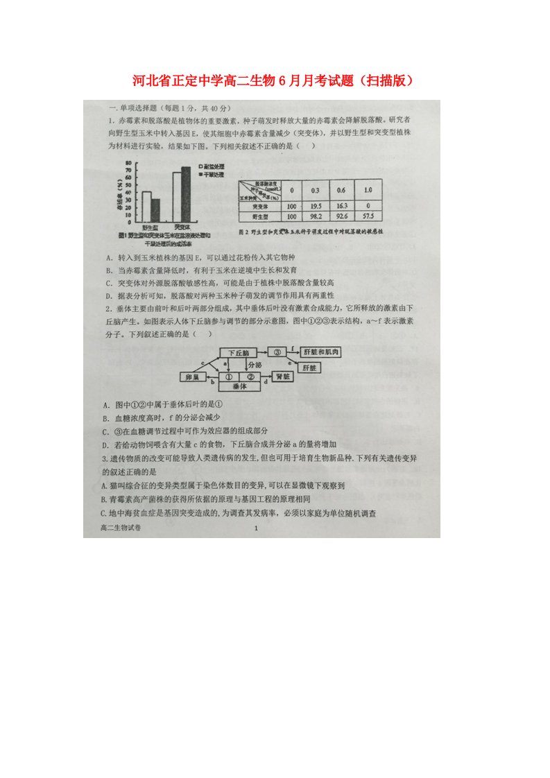 河北省正定中学高二生物6月月考试题（扫描版）