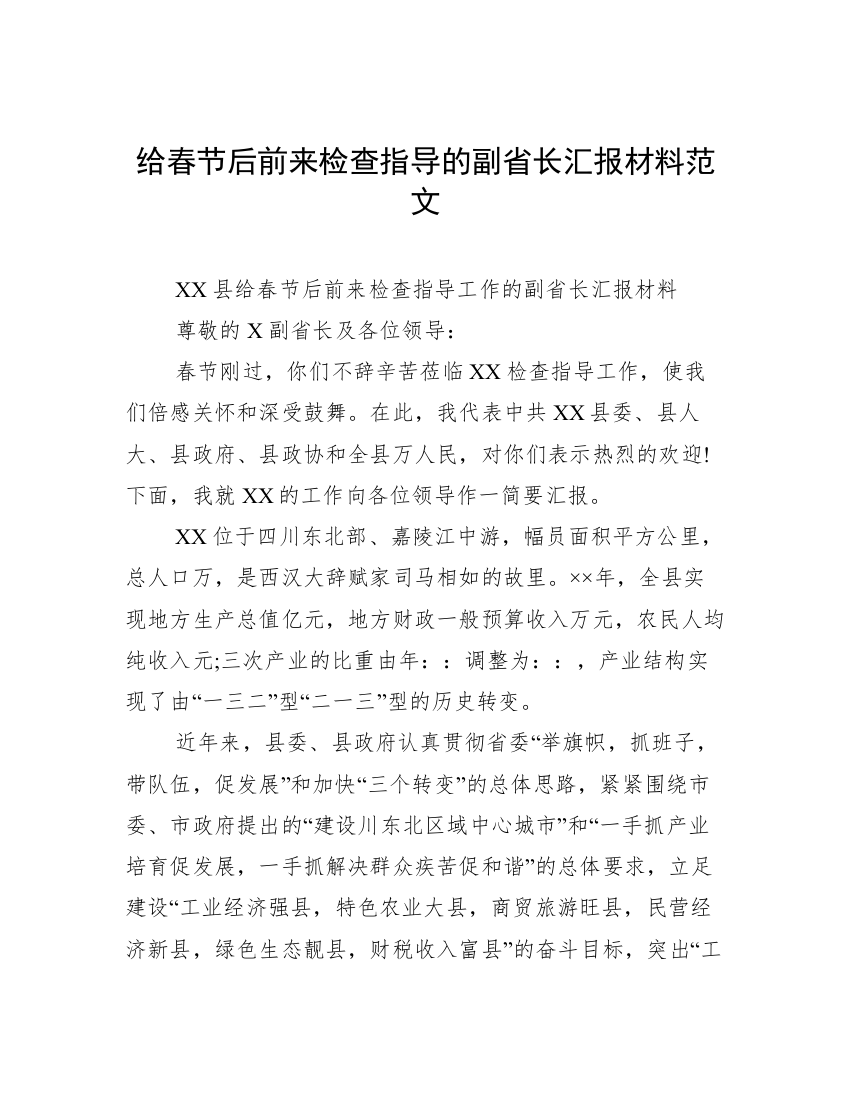 给春节后前来检查指导的副省长汇报材料范文