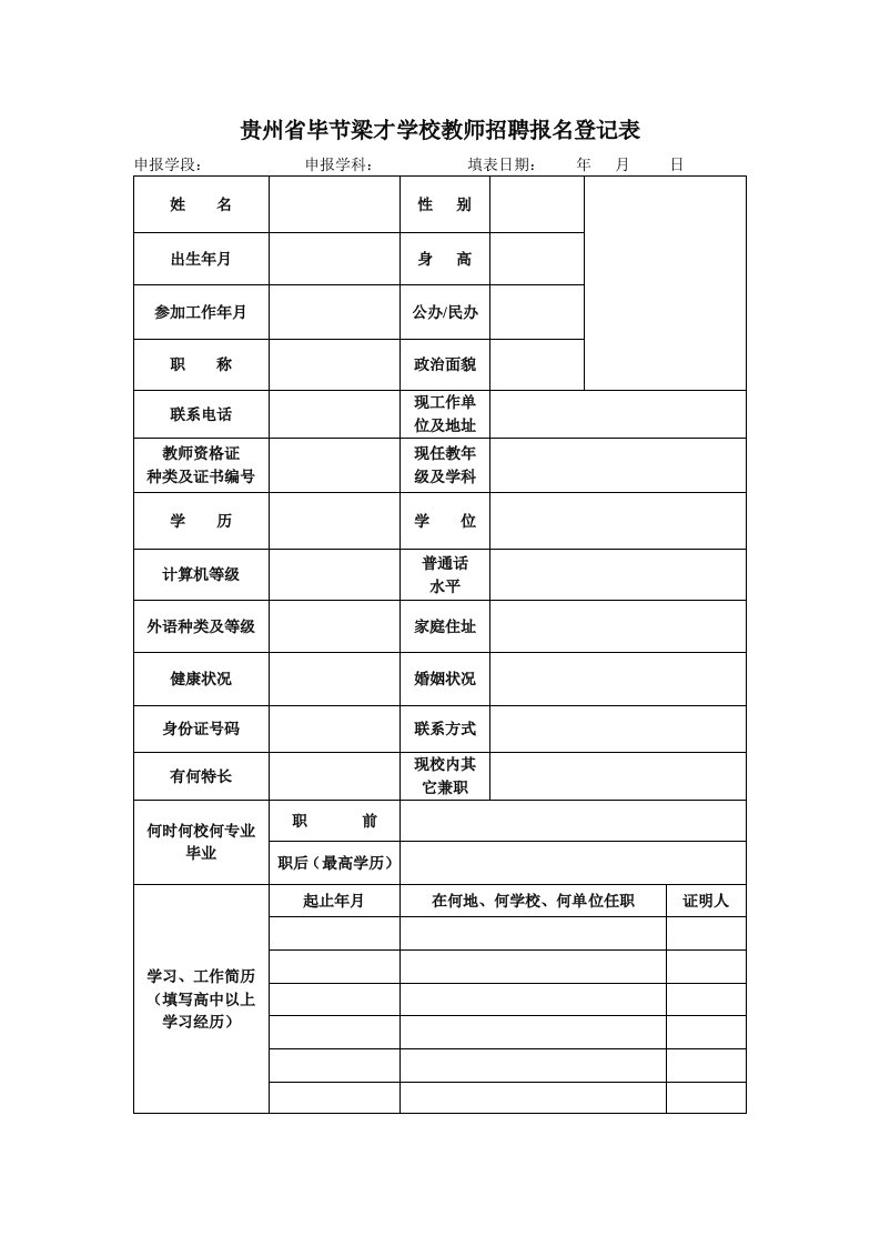 贵州省毕节梁才学校教师招聘报名登记表