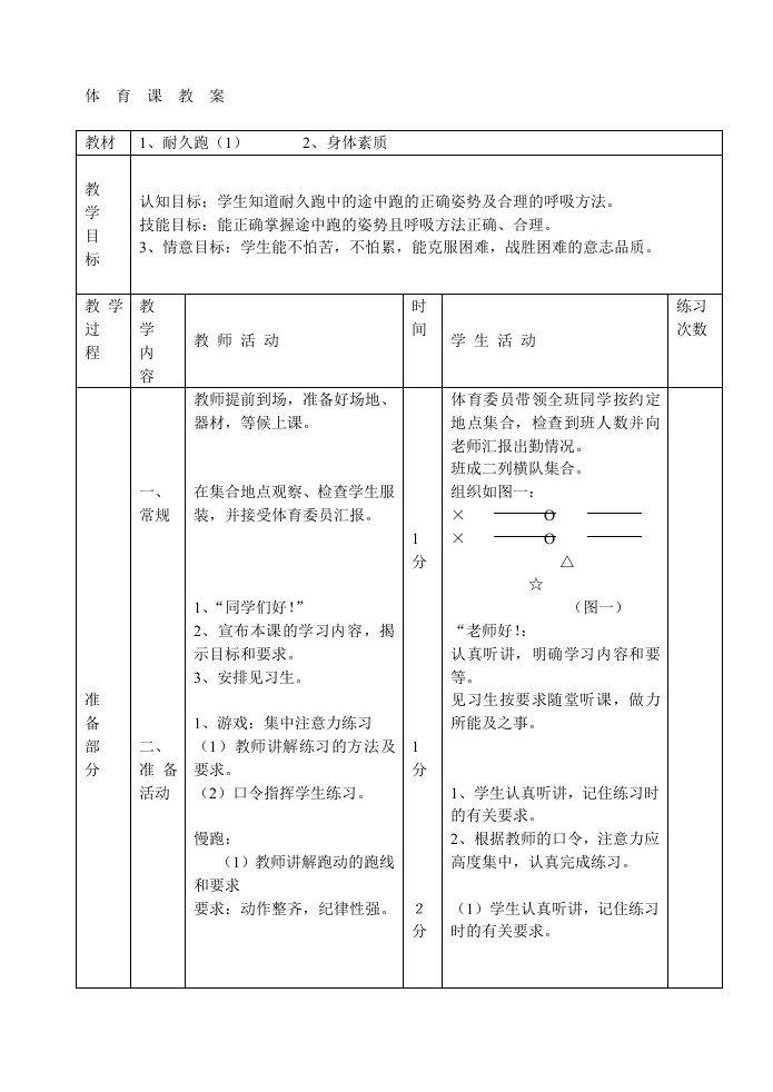 九年级体育上册教案耐久跑