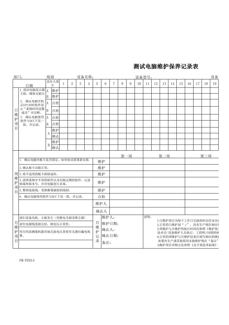 电脑维护保养记录表