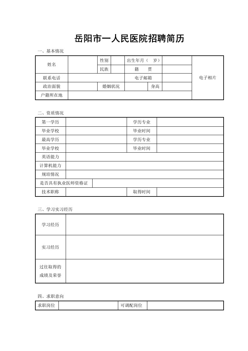 岳阳市一人民医院招聘简历