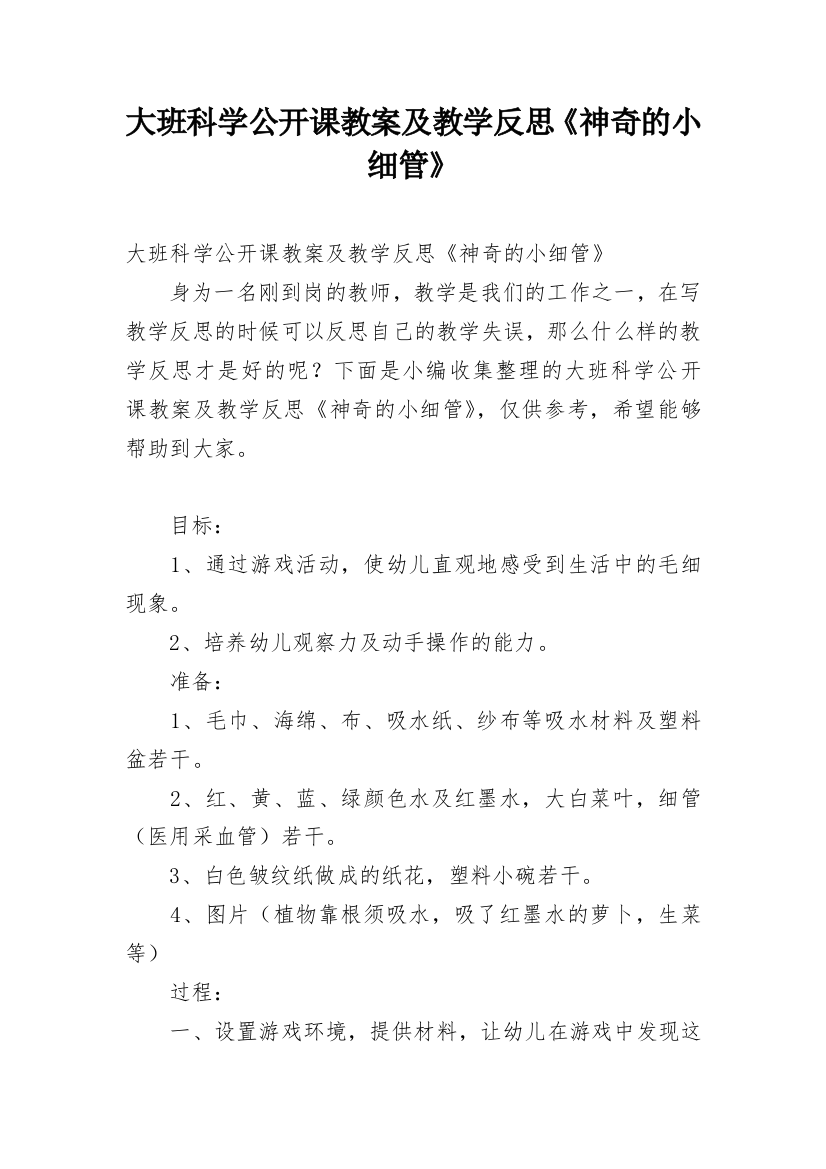 大班科学公开课教案及教学反思《神奇的小细管》