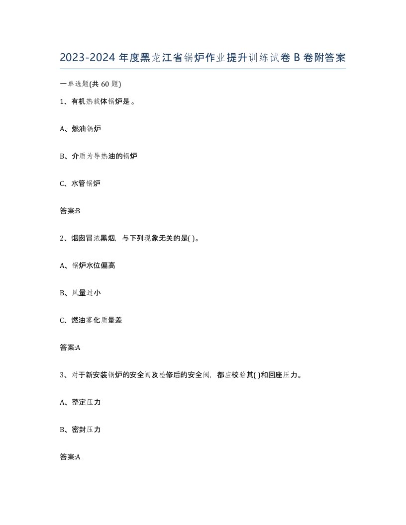 20232024年度黑龙江省锅炉作业提升训练试卷B卷附答案