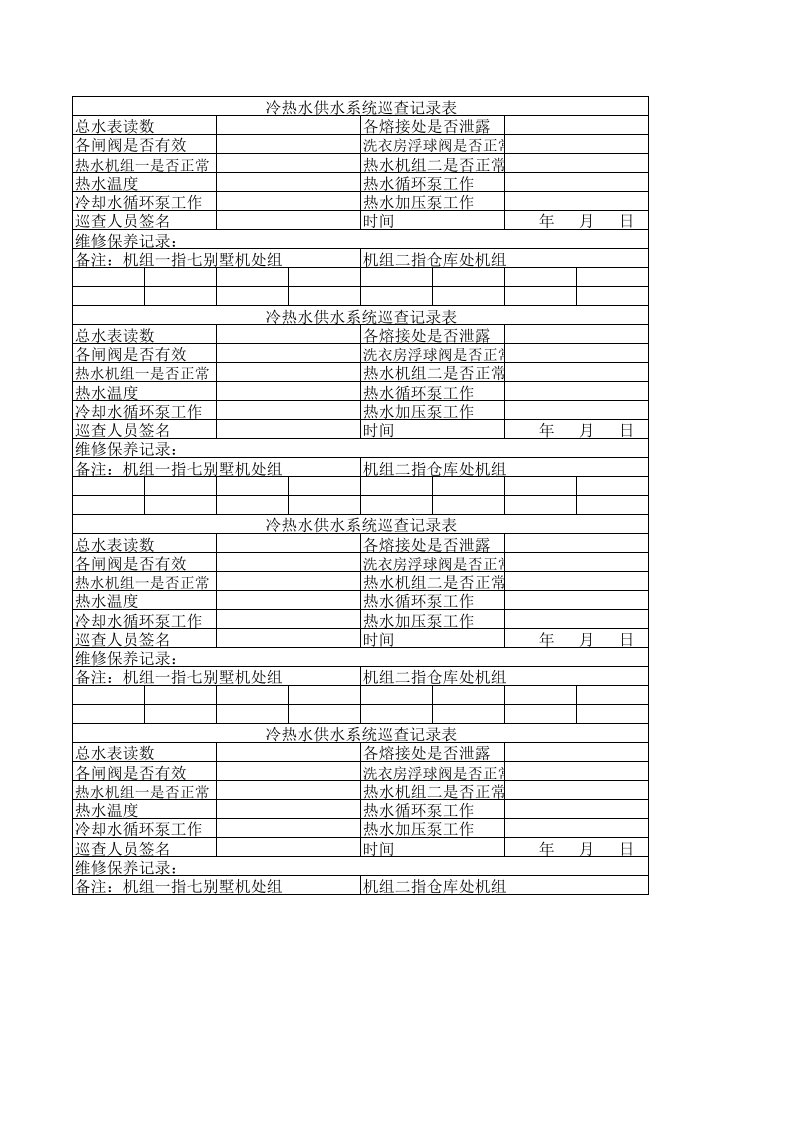 冷热水供水系统巡查记录表