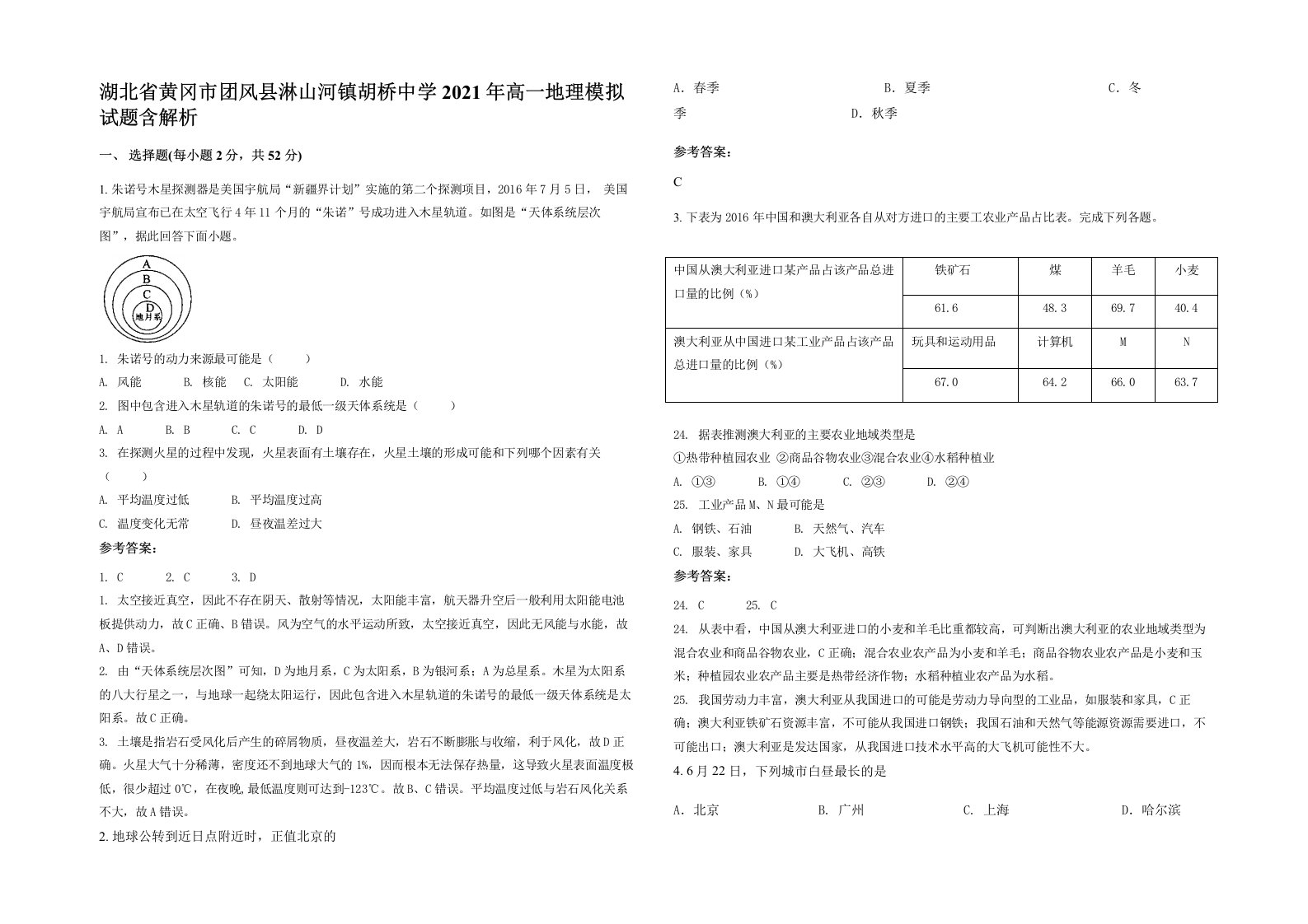 湖北省黄冈市团风县淋山河镇胡桥中学2021年高一地理模拟试题含解析