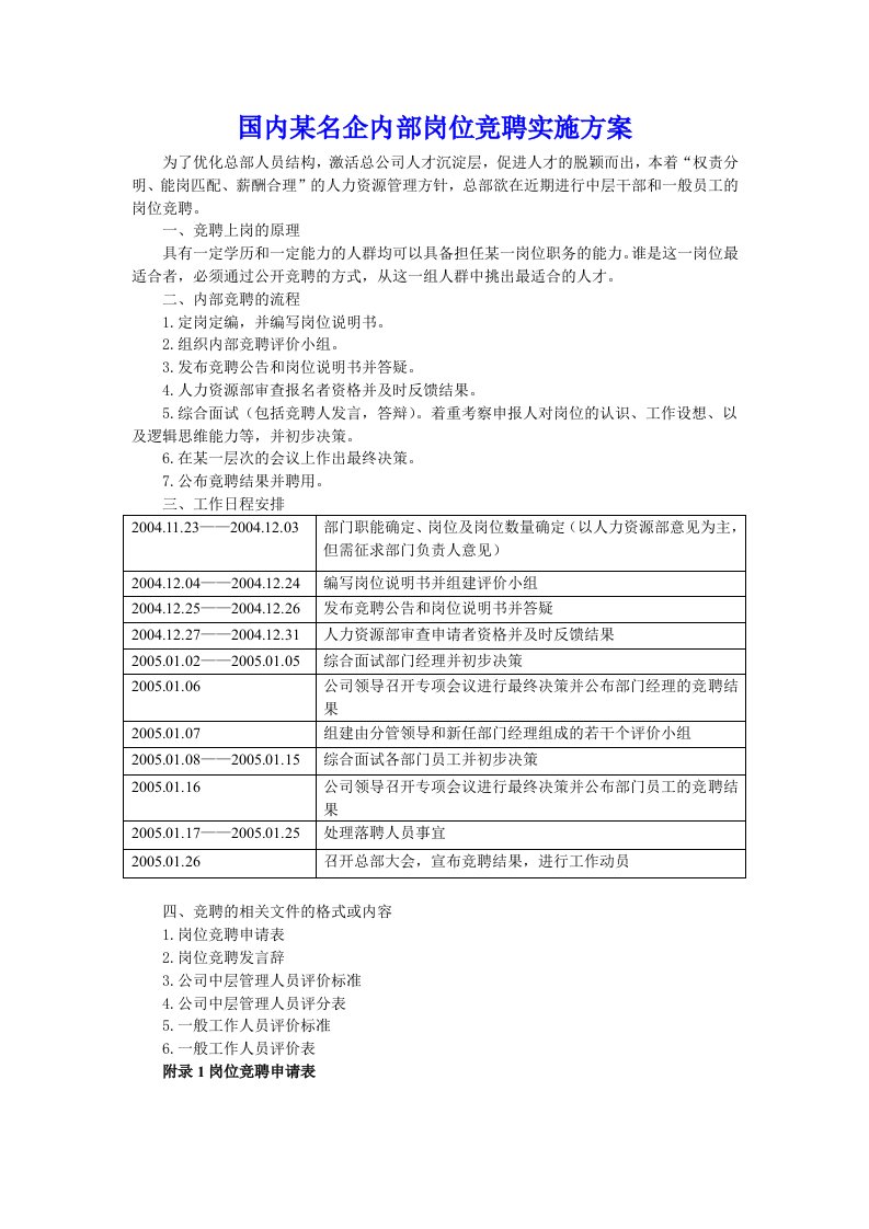 国内某名企内部岗位竞聘实施方案