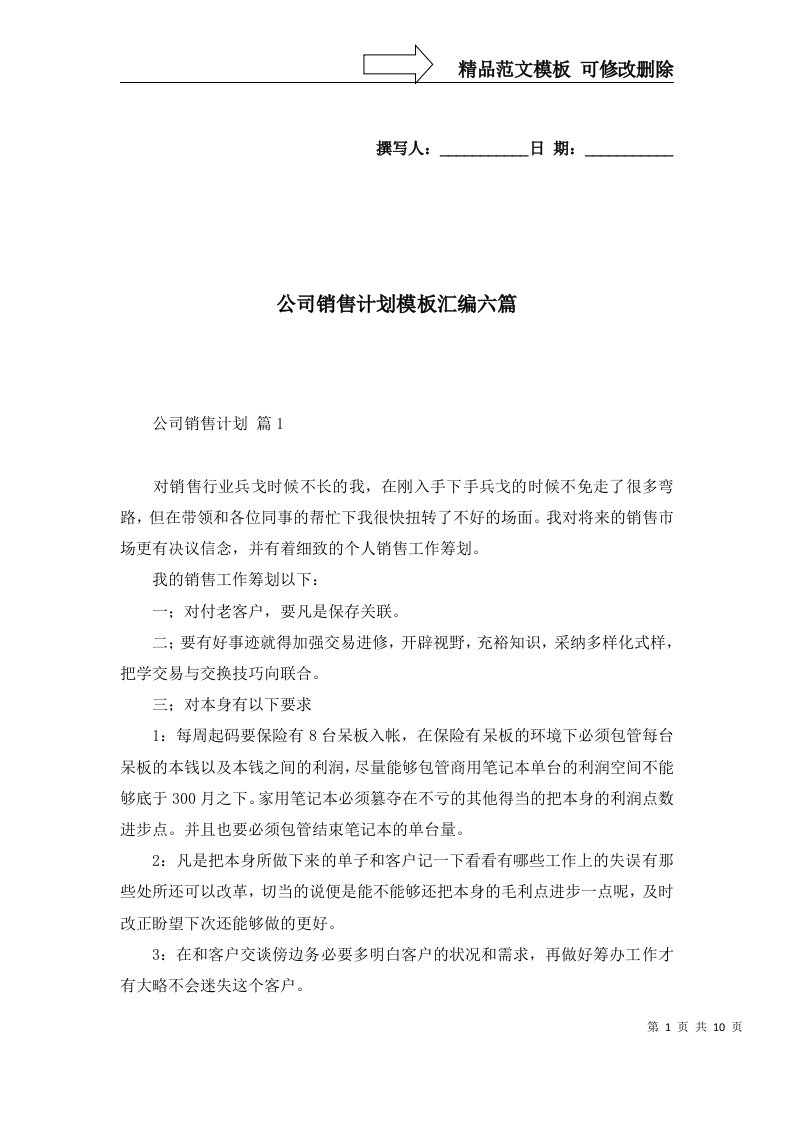 公司销售计划模板汇编六篇三