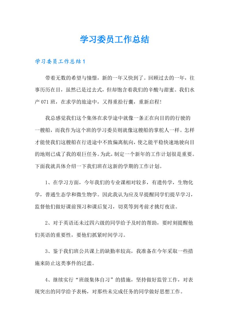 学习委员工作总结