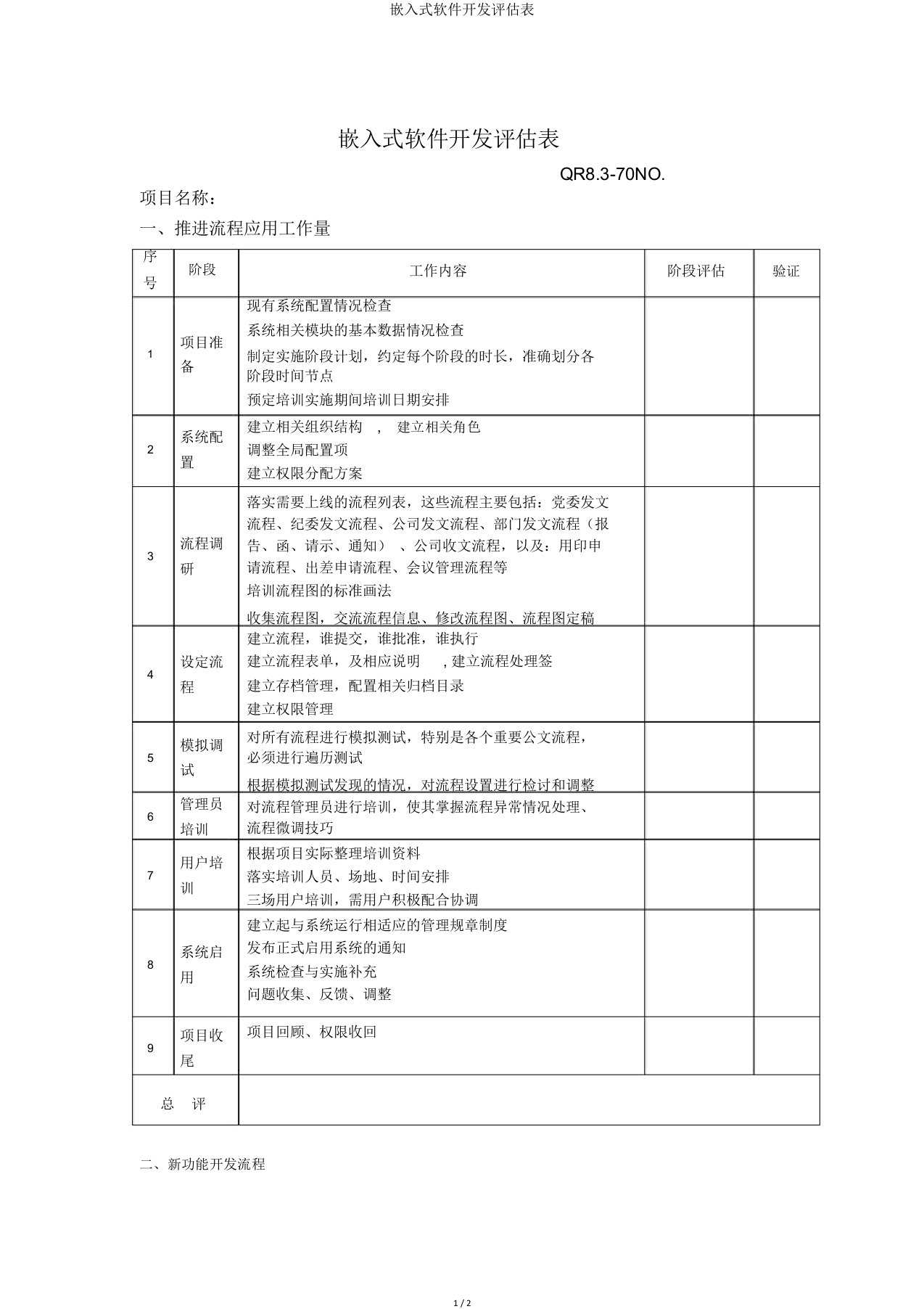 嵌入式软件开发评估表