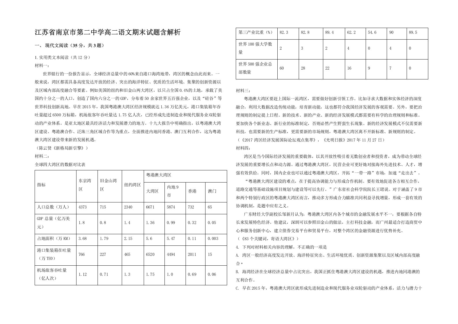 江苏省南京市第二中学高二语文期末试题含解析