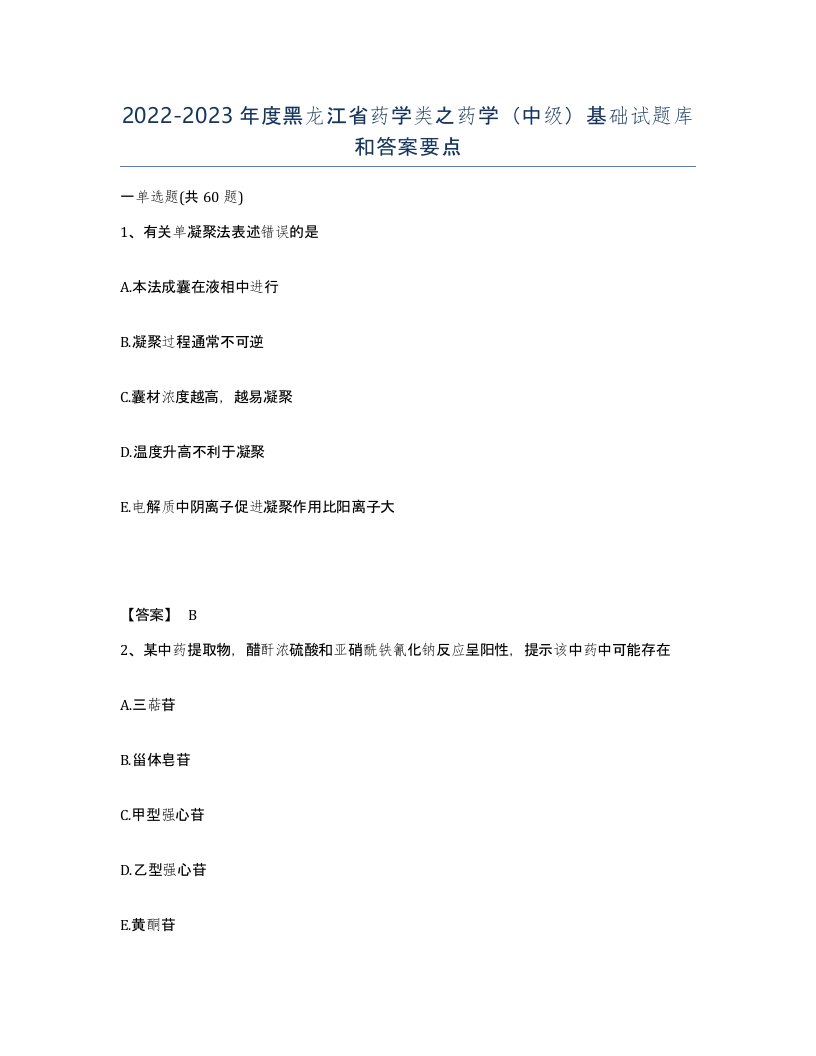 2022-2023年度黑龙江省药学类之药学中级基础试题库和答案要点