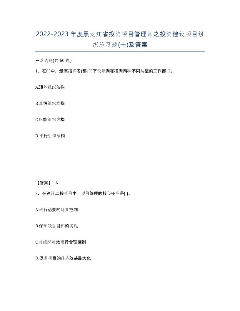 2022-2023年度黑龙江省投资项目管理师之投资建设项目组织练习题十及答案