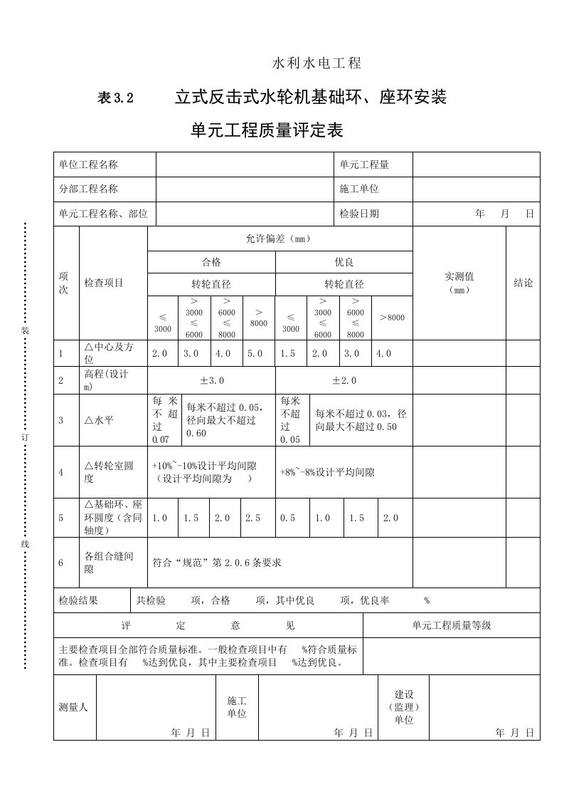 建筑资料-表32立式反击式水轮机基础环座环安装