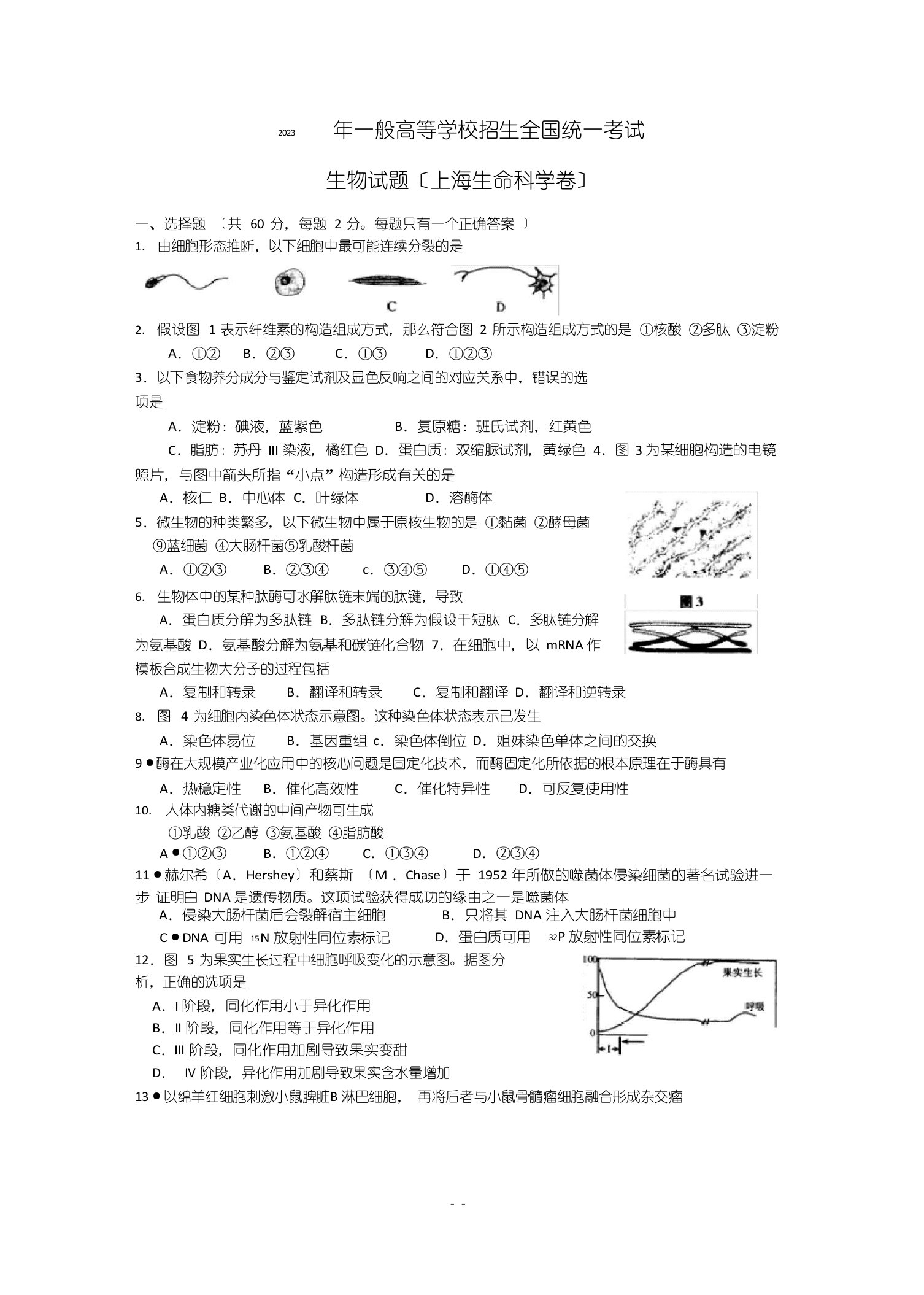 2023年上海生物高考试题答案及解析