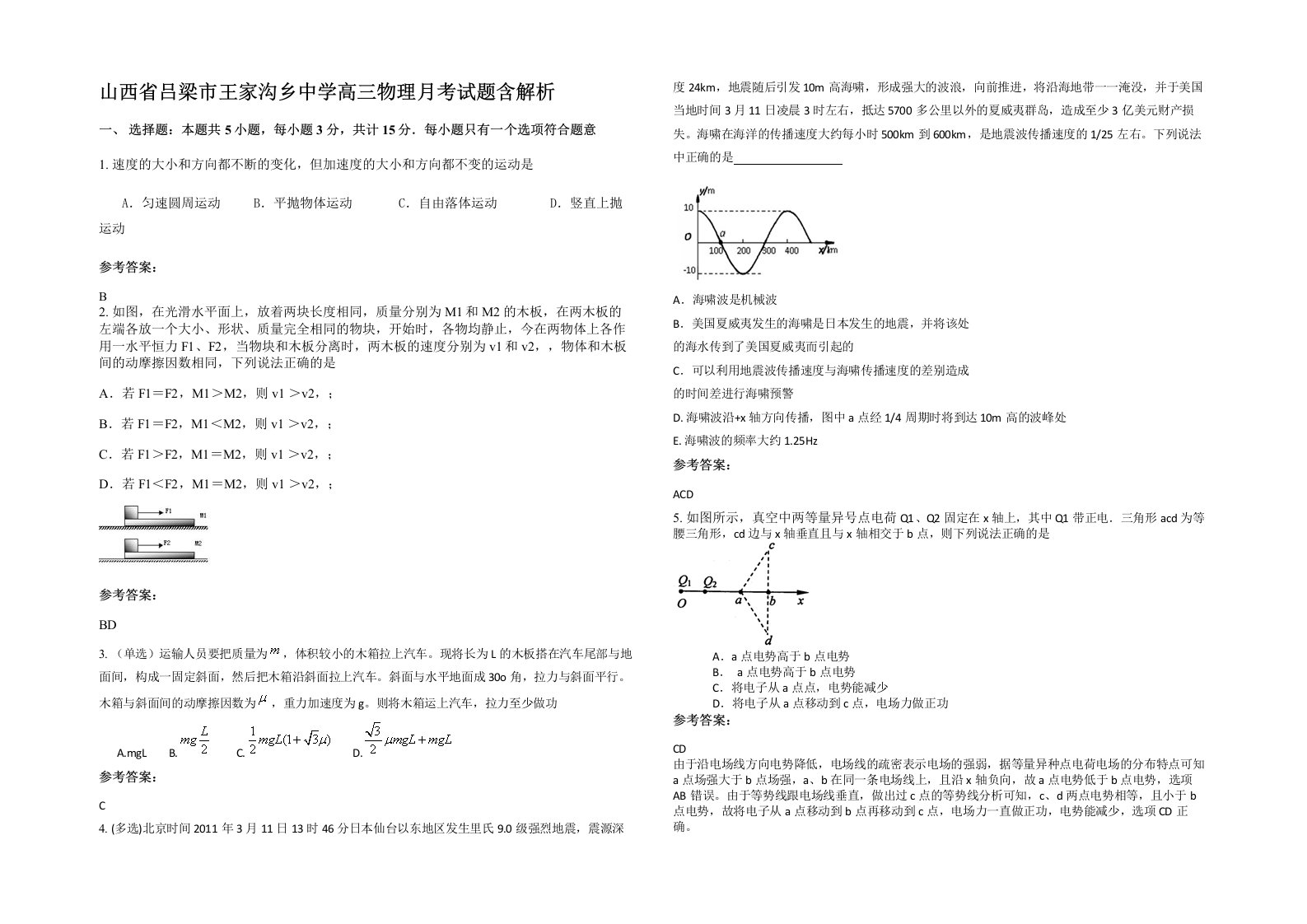 山西省吕梁市王家沟乡中学高三物理月考试题含解析