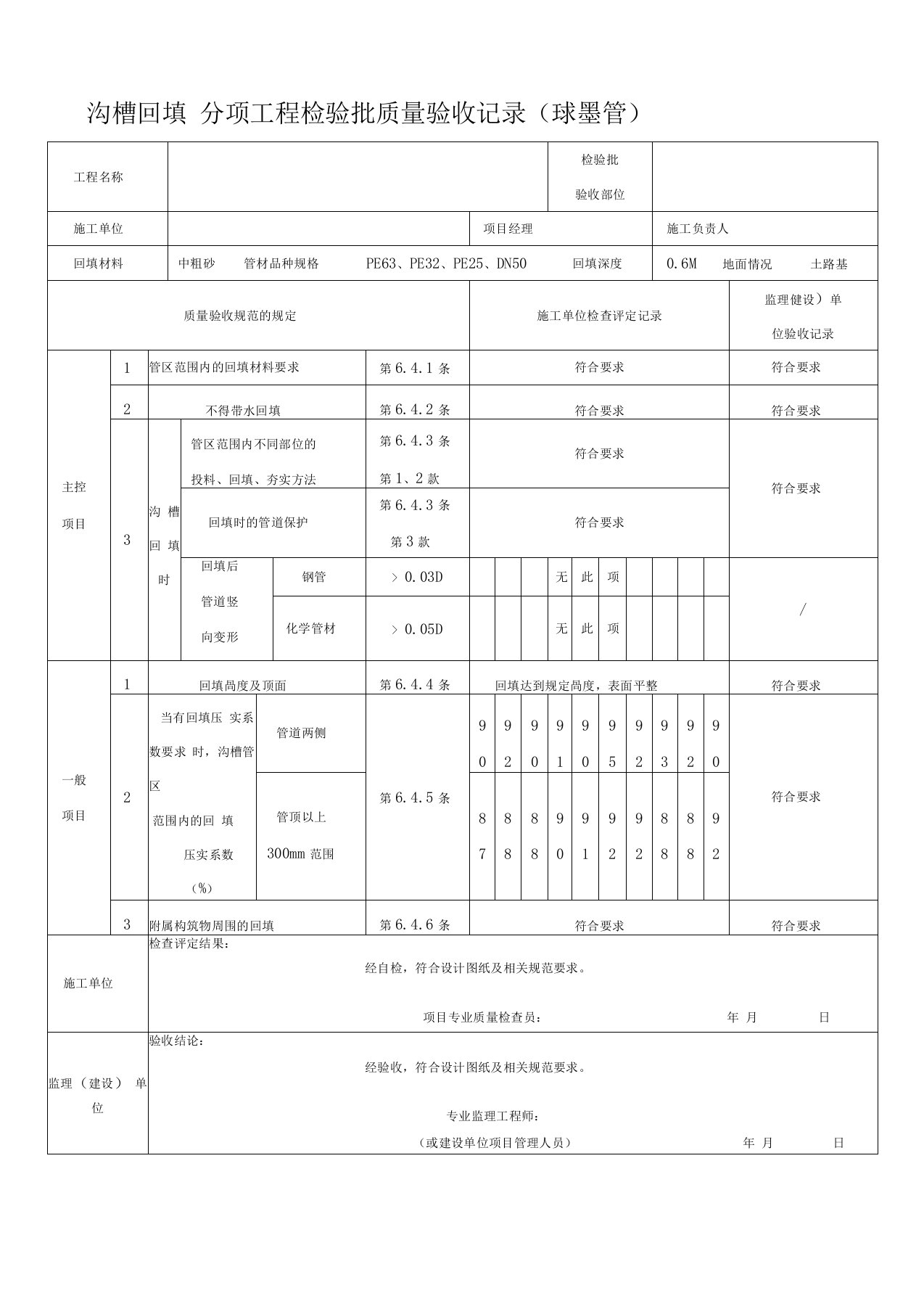 PE管及双壁波纹管施工分部、分项、检验批质量验收表格