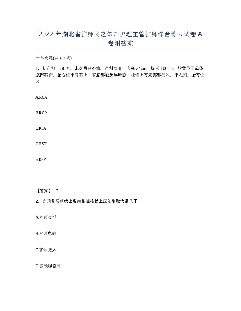 2022年湖北省护师类之妇产护理主管护师综合练习试卷A卷附答案