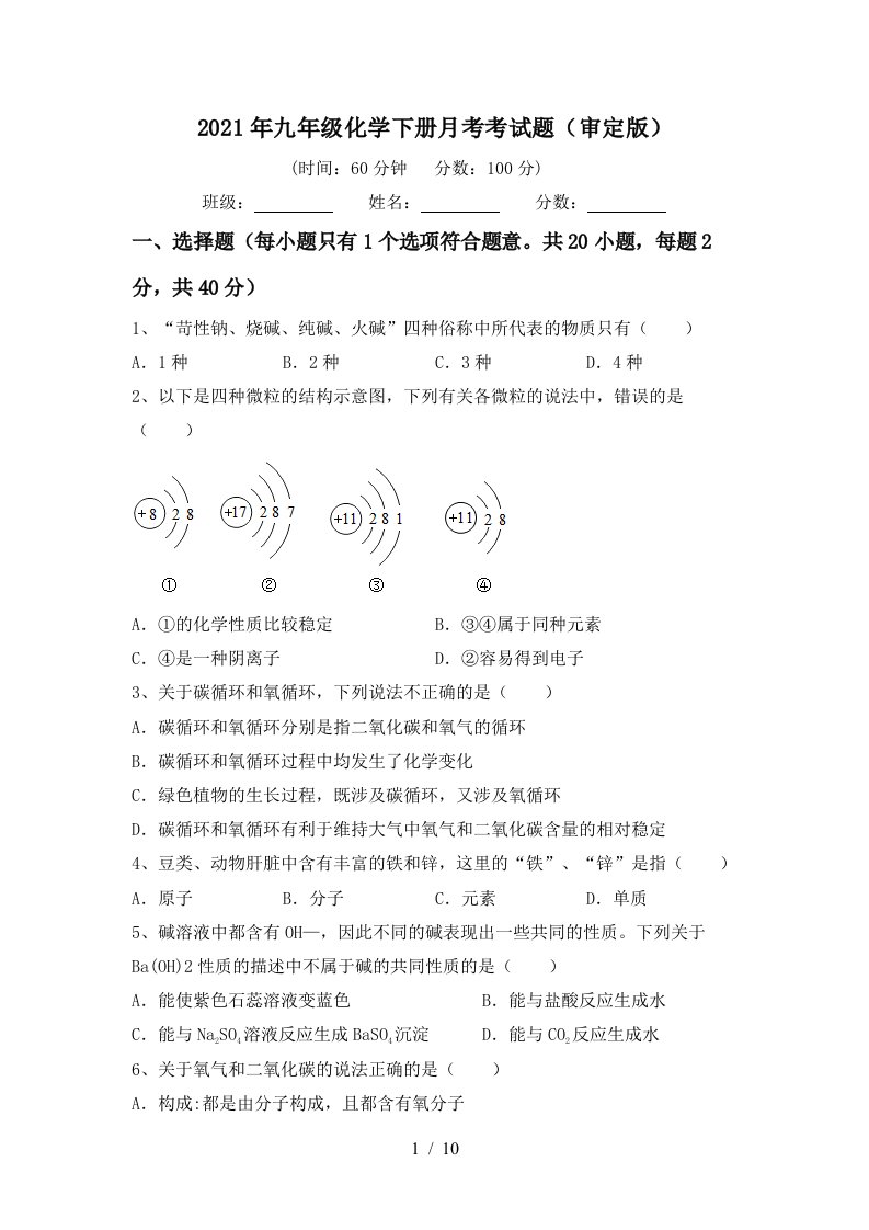 2021年九年级化学下册月考考试题审定版