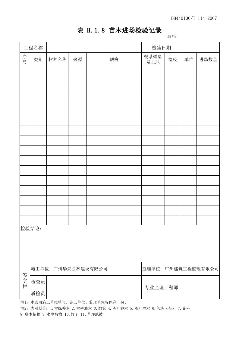 植物材料进场记录表