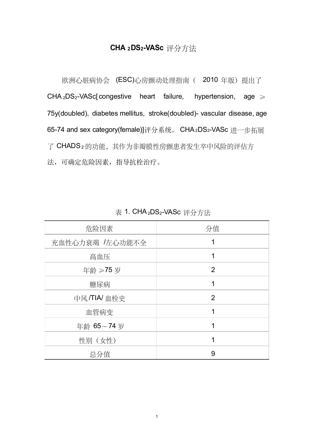 CHA2DS2-VASc评分方法