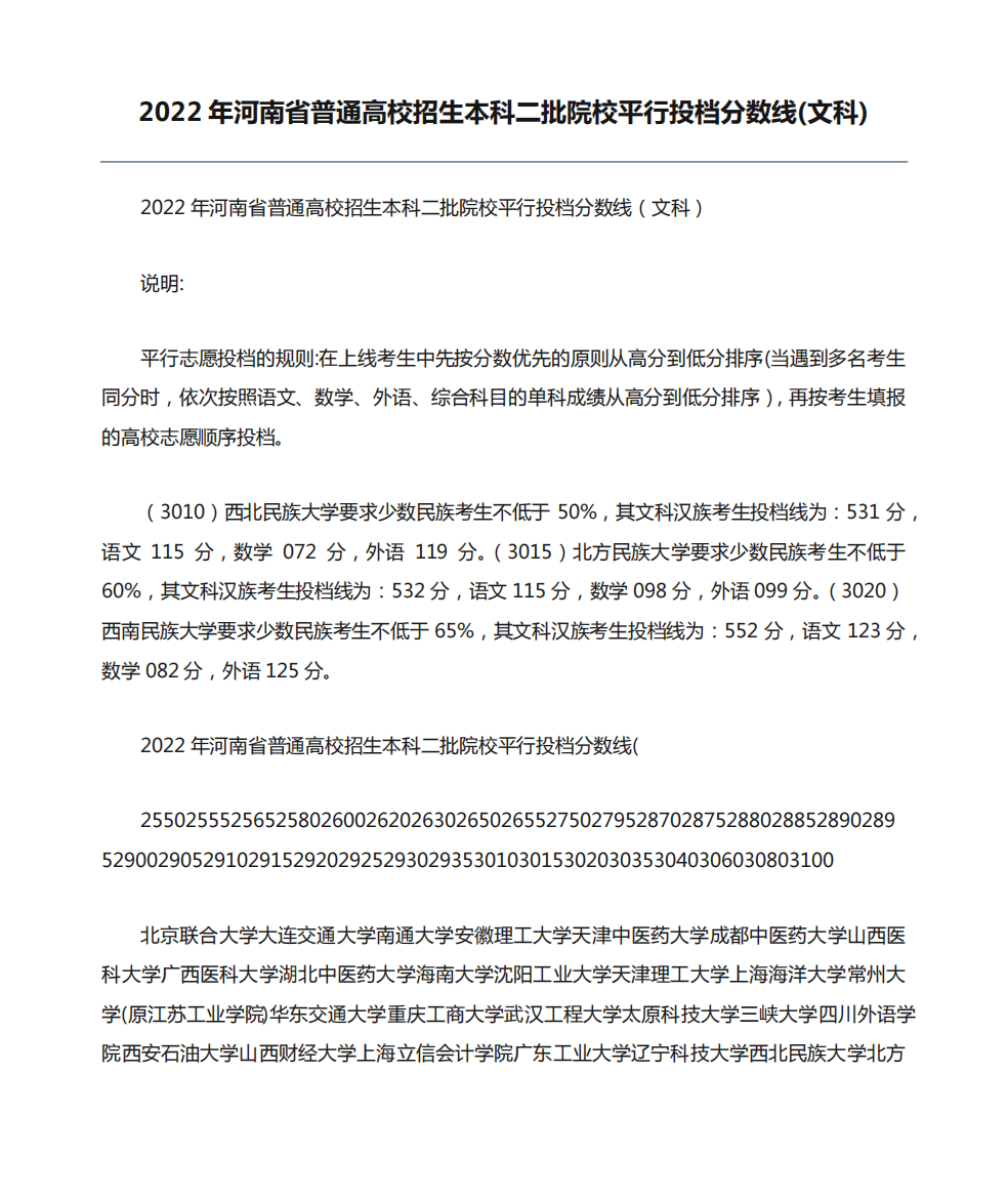 2022年河南省普通高校招生本科二批院校平行投档分数线(文科)