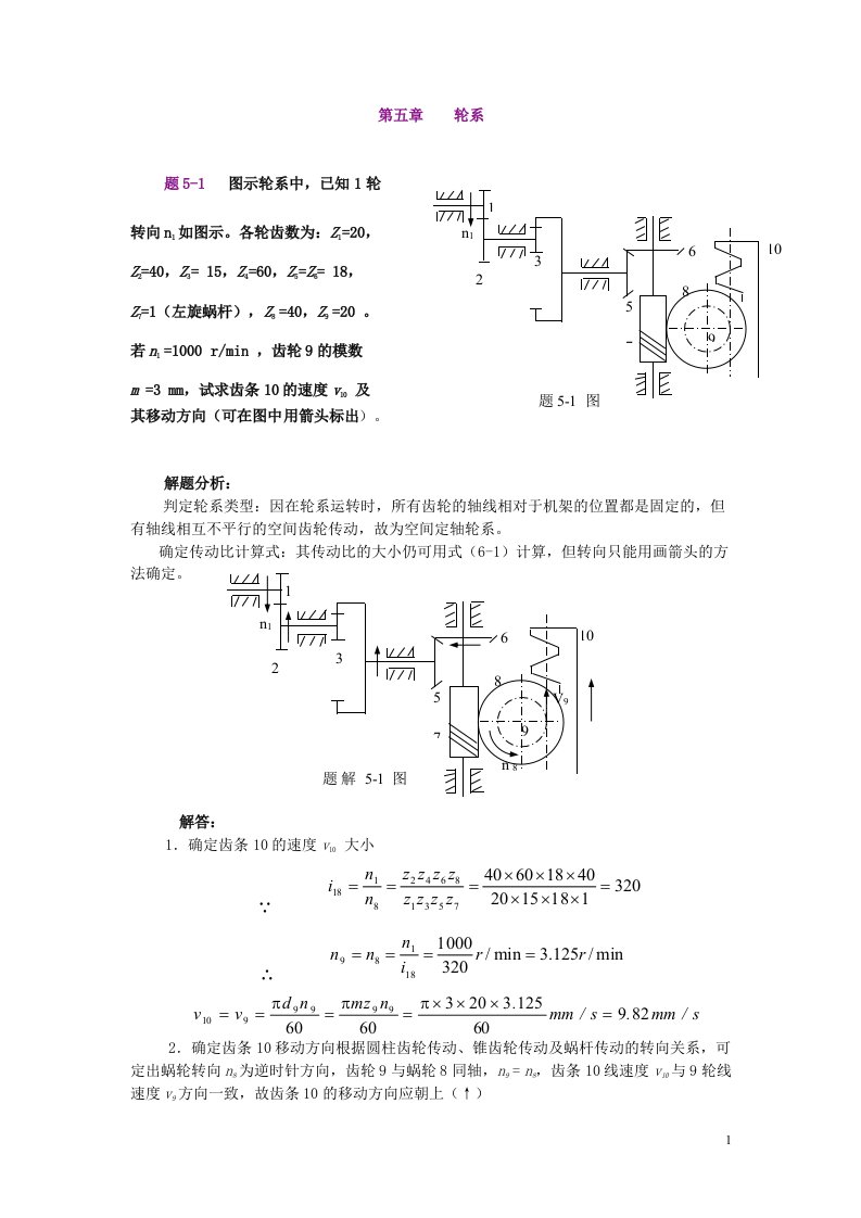 第五章轮系题5-1图示轮系中,已知1轮