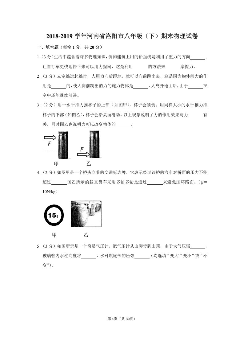 2018-2019学年河南省洛阳市八年级(下)期末物理试卷