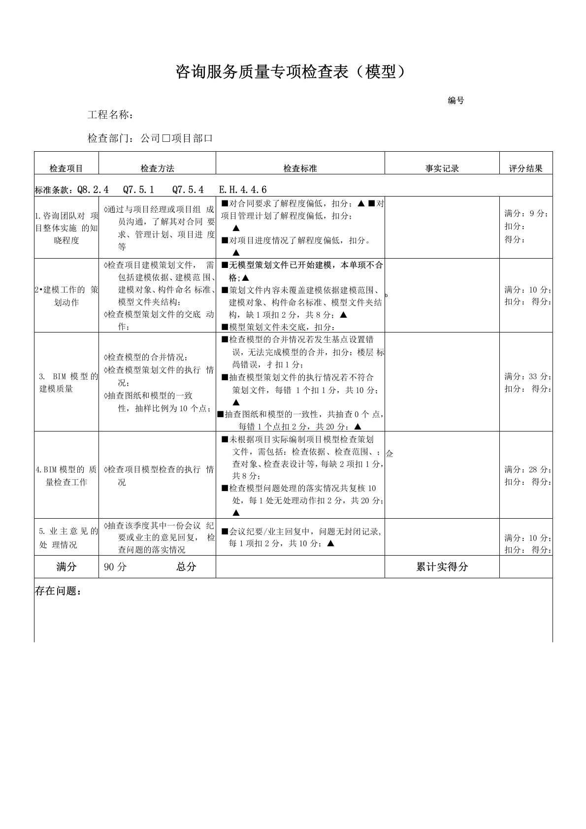 BIM模型服务质量专项检查表