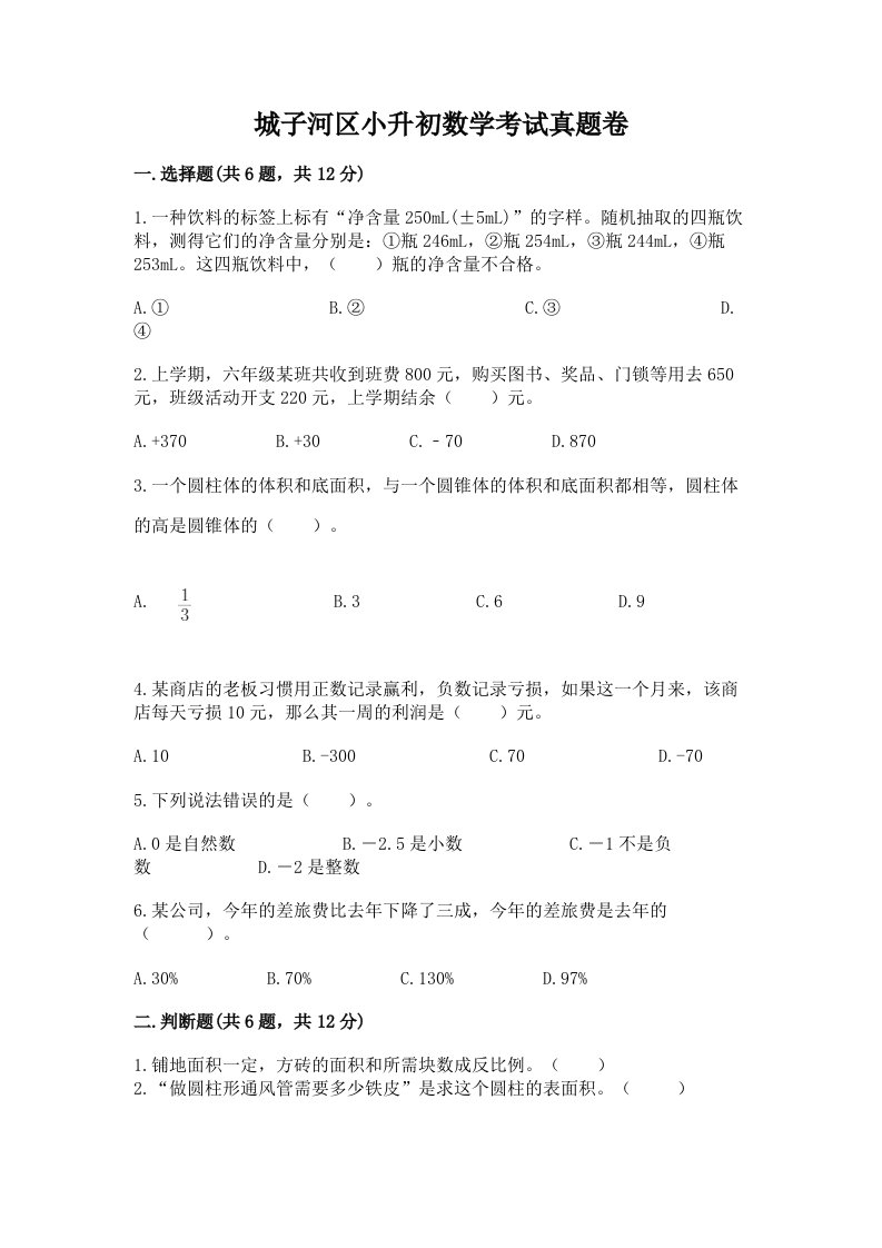 城子河区小升初数学考试真题卷必考题