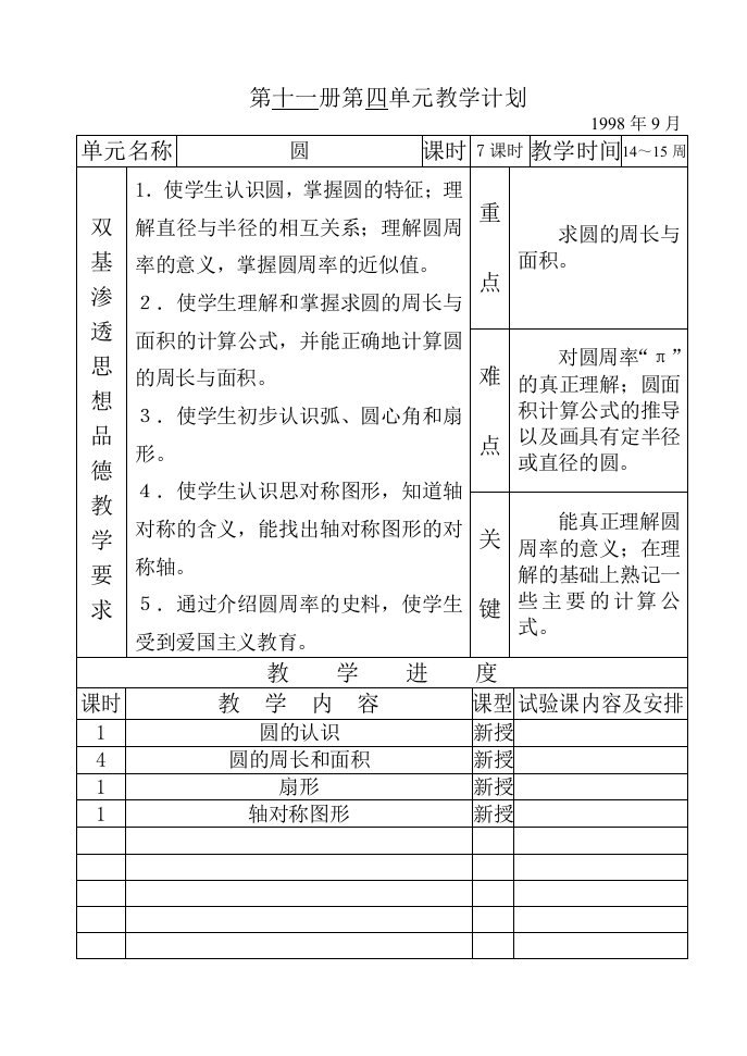 (小学数学六年级上册第11册数学教案)第十一册第四单元教学计划