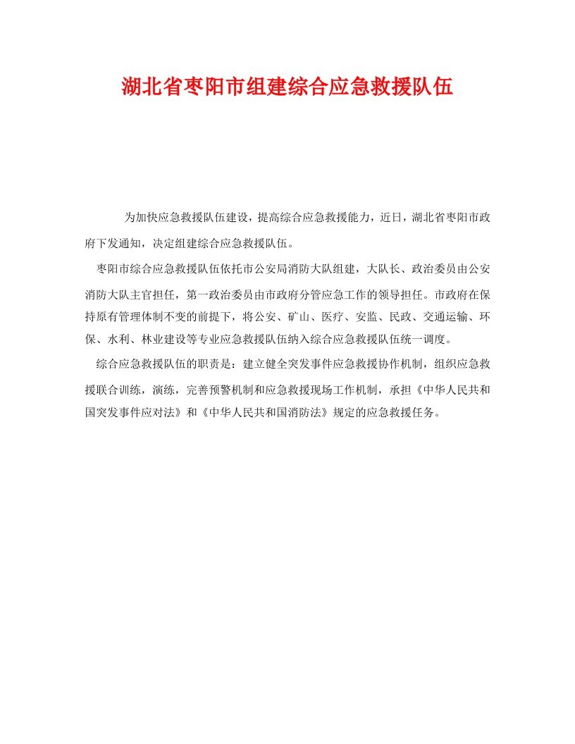 精编安全管理应急预案之湖北省枣阳市组建综合应急救援队伍