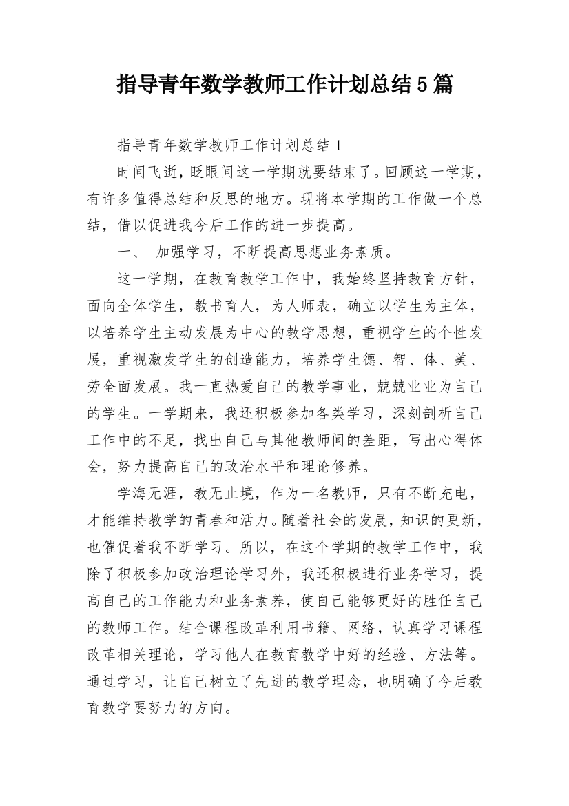 指导青年数学教师工作计划总结5篇