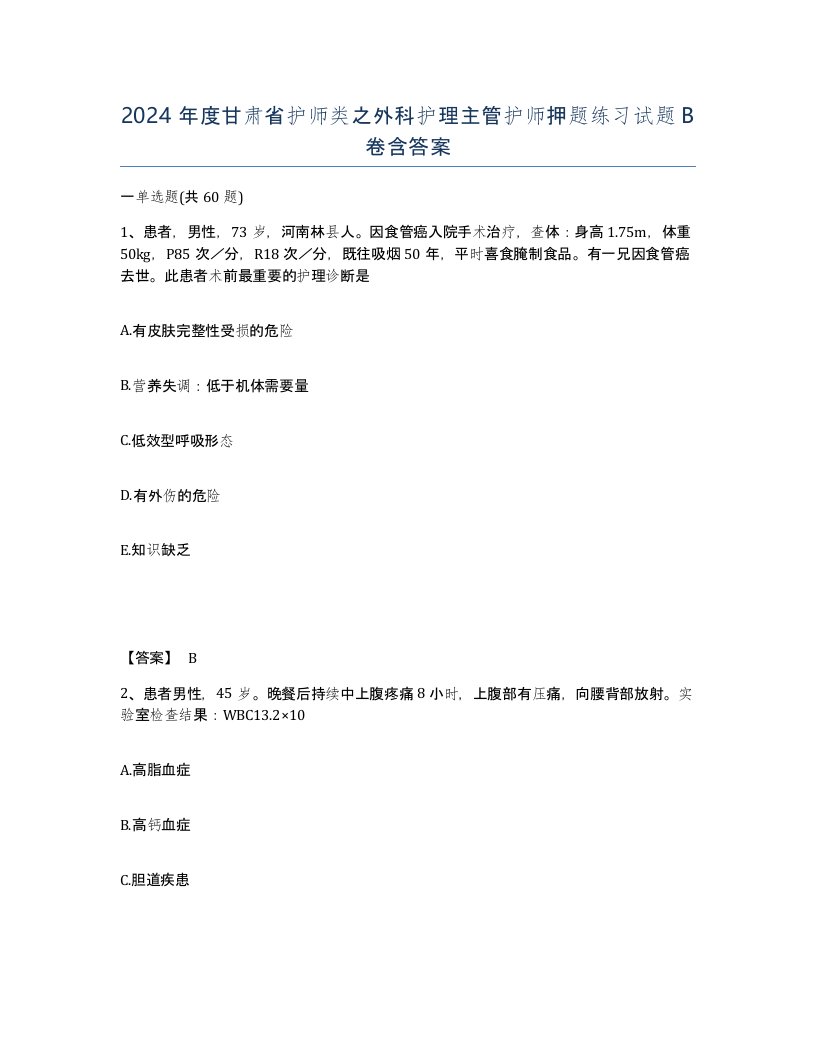 2024年度甘肃省护师类之外科护理主管护师押题练习试题B卷含答案