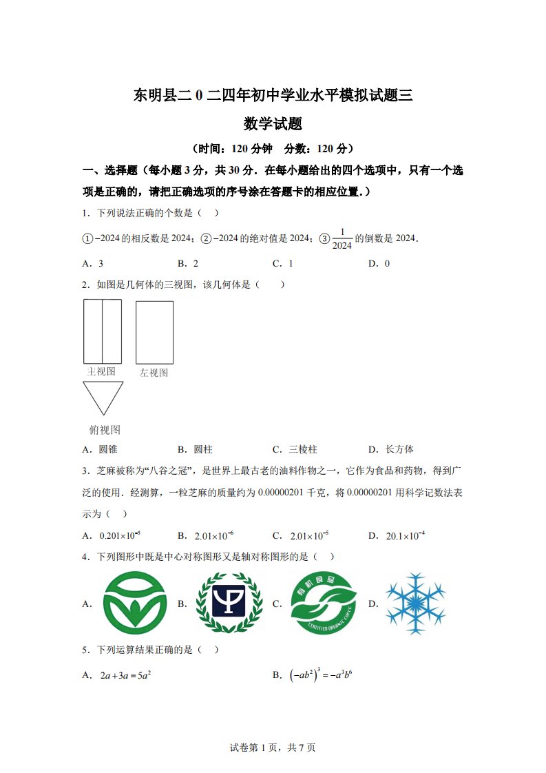 2024年山东省菏泽市东明市九年级中考三模数学试题