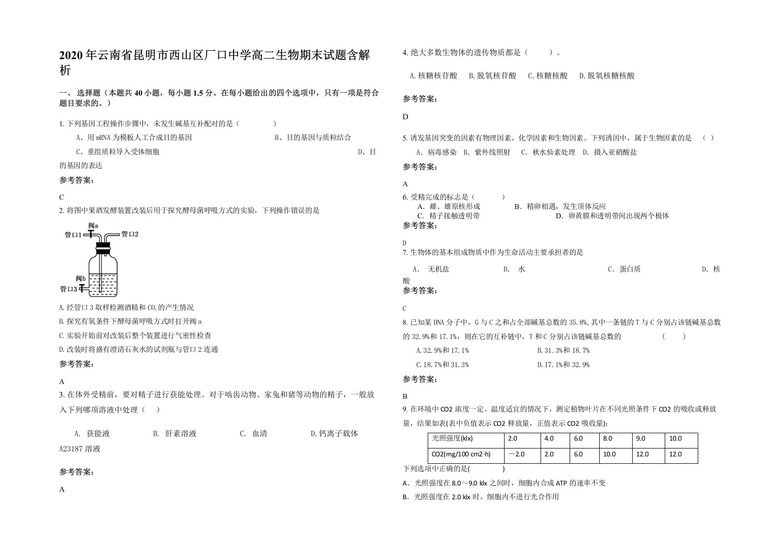 2020年云南省昆明市西山区厂口中学高二生物期末试题含解析