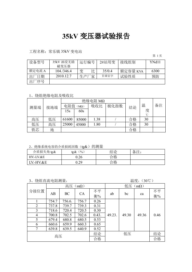 35KV变压器试验报告