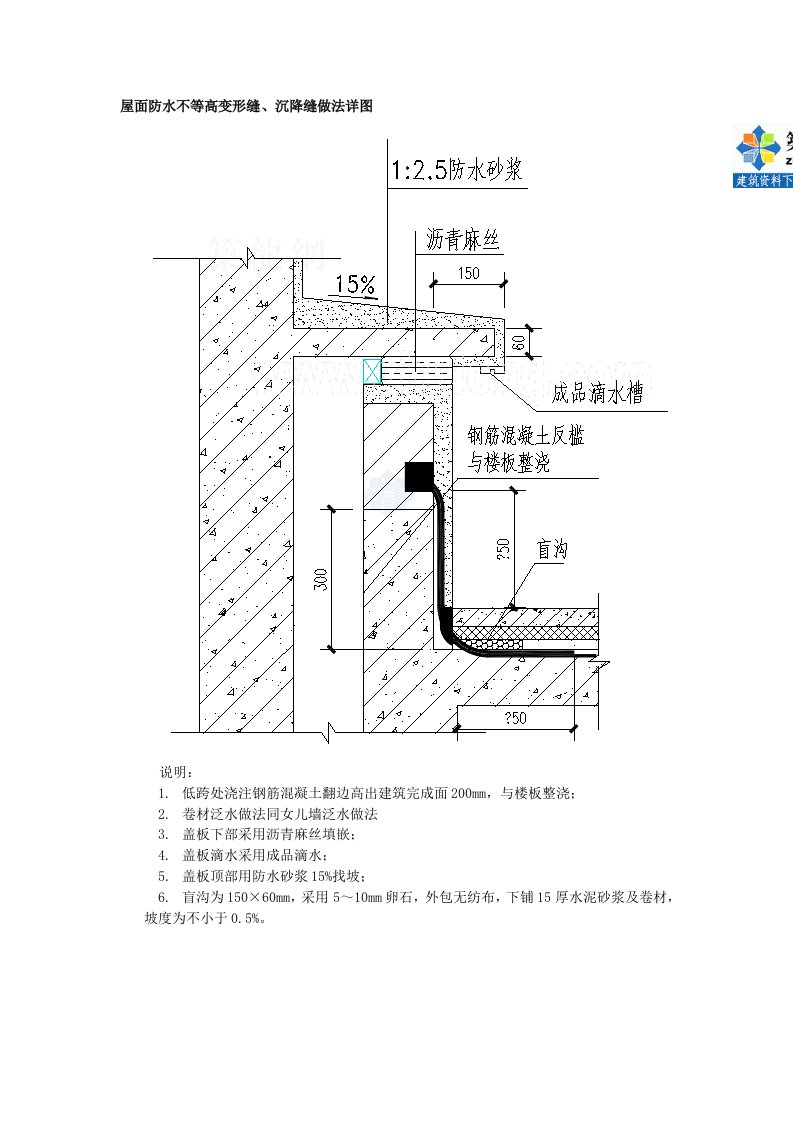 屋面防水不等高变形缝、沉降缝做法详图