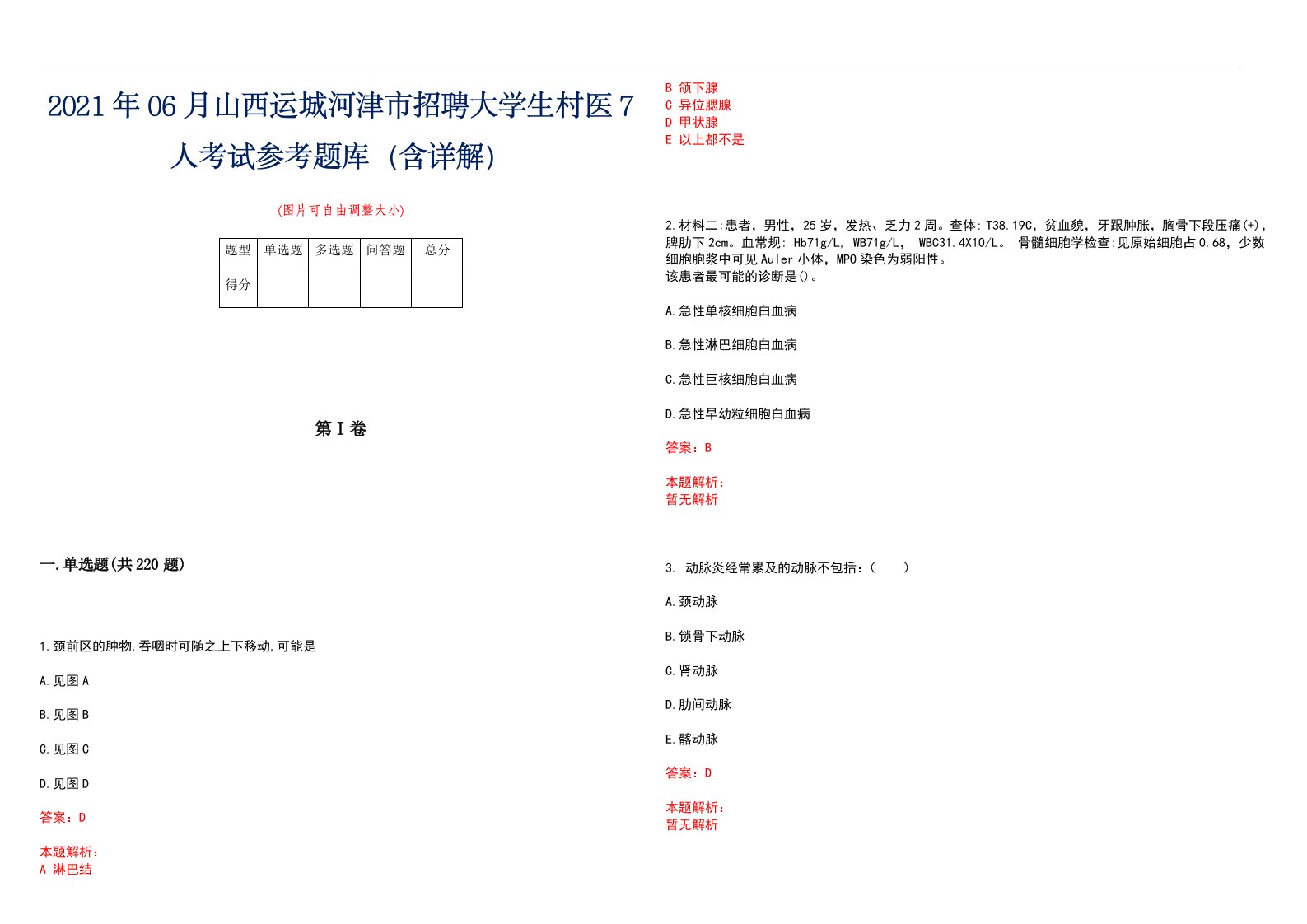 2021年06月山西运城河津市招聘大学生村医7人考试参考题库（含详解）