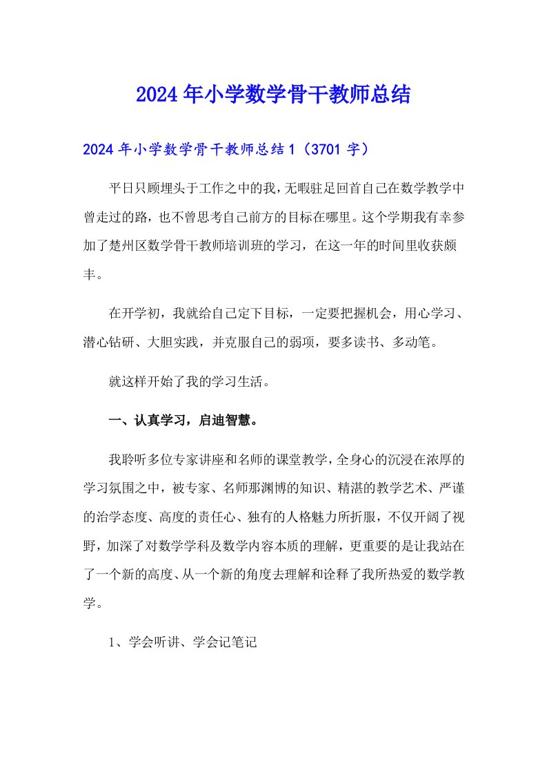 2024年小学数学骨干教师总结