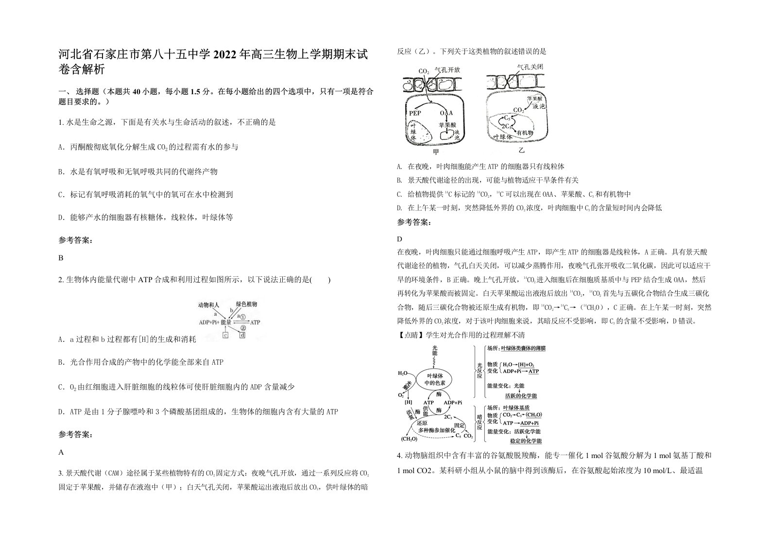 河北省石家庄市第八十五中学2022年高三生物上学期期末试卷含解析