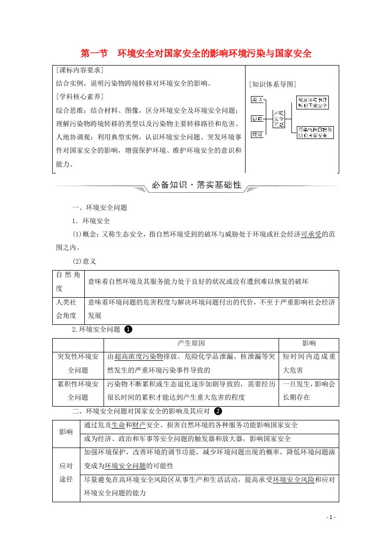 2022版新教材高考地理一轮复习第18章环境安全与国家安全第1节环境安全对国家安全的影响环境污染与国家安全学案新人教版