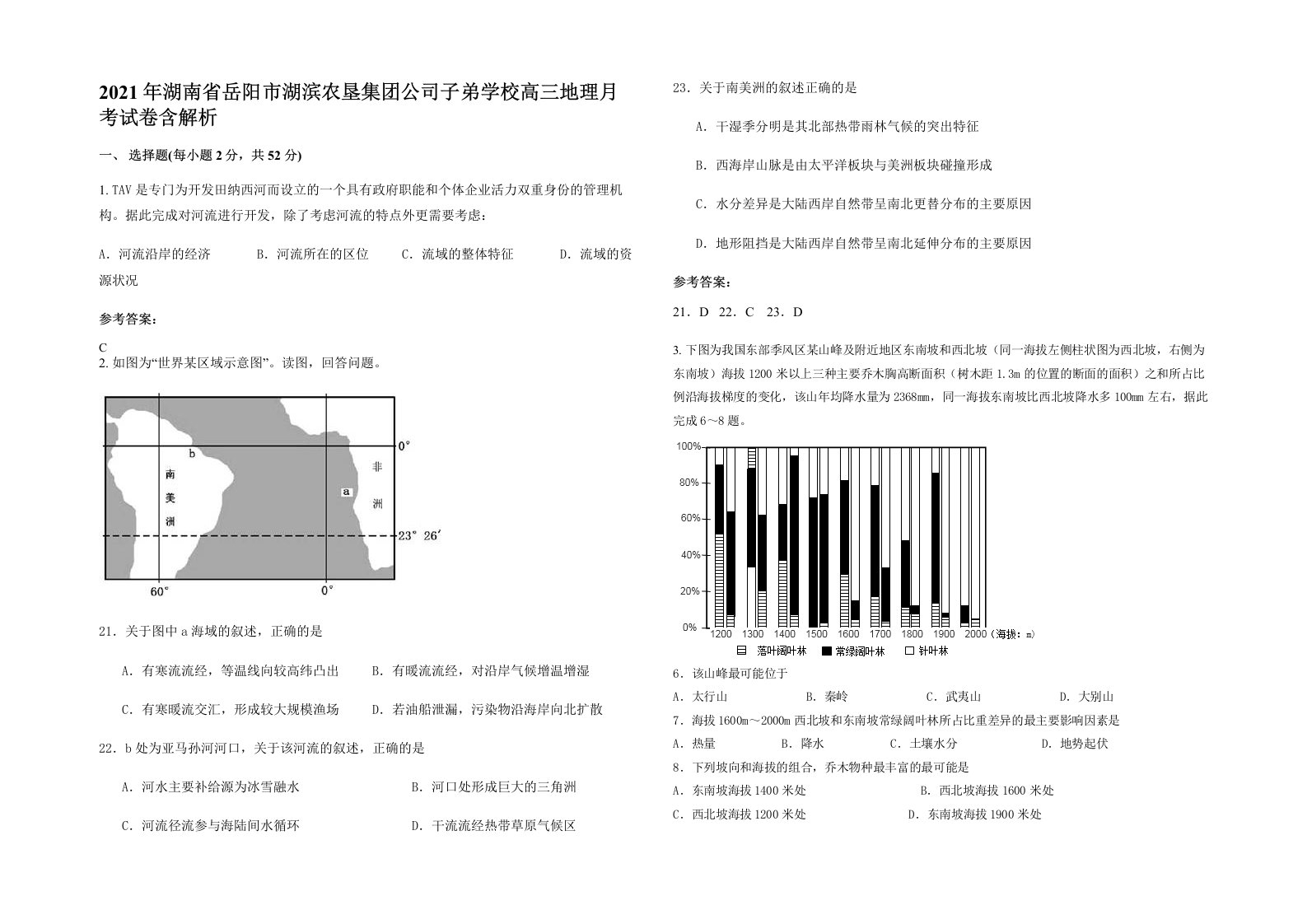 2021年湖南省岳阳市湖滨农垦集团公司子弟学校高三地理月考试卷含解析