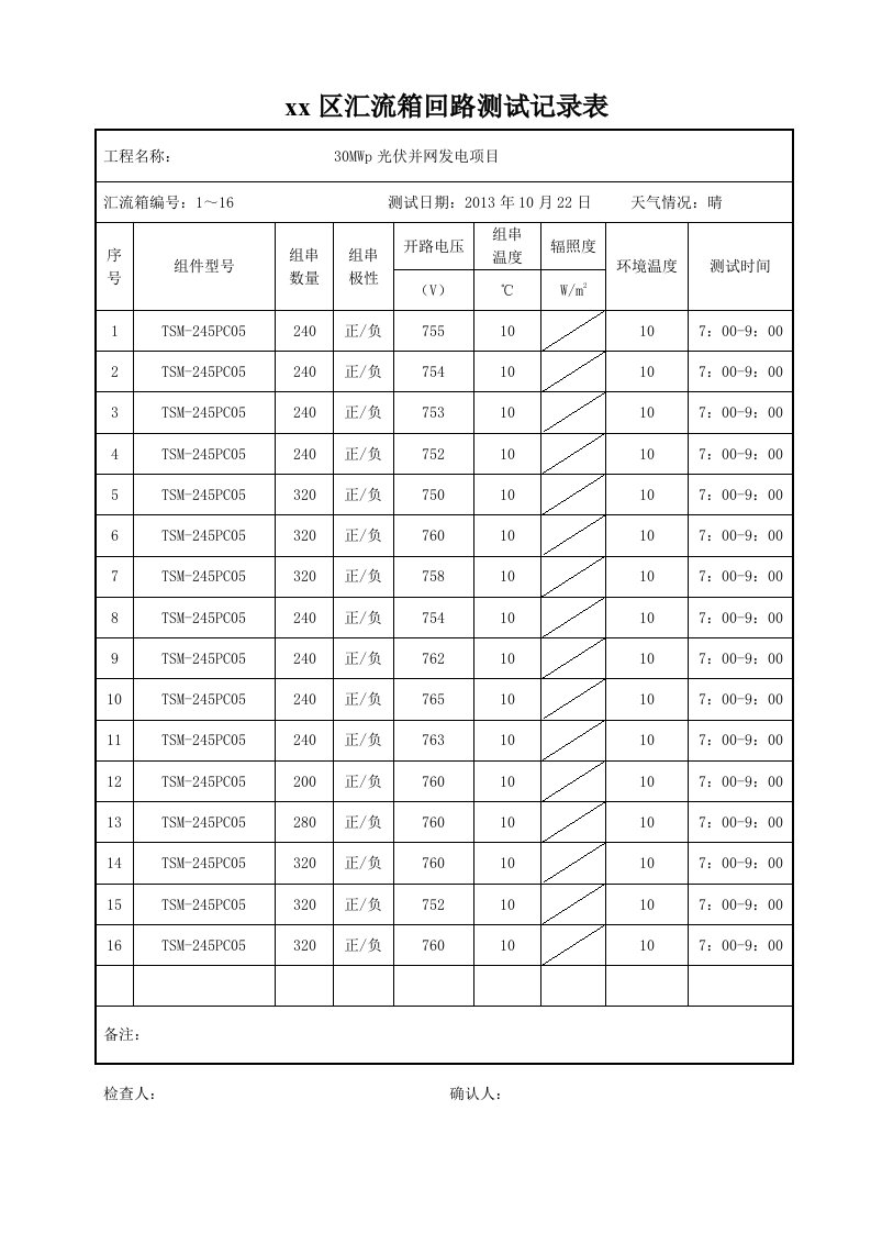 光伏汇流箱回路测试记录表