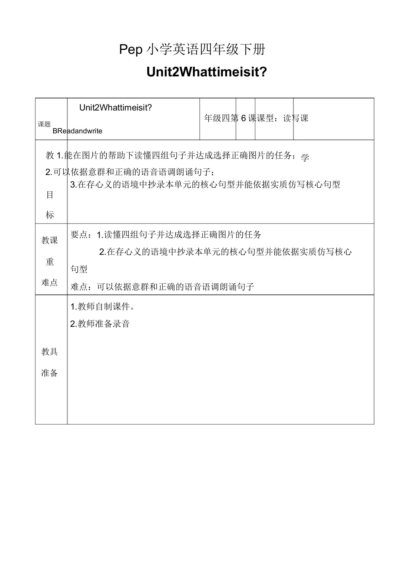 Pep小学英语四年级下册Unit2Readandwrite教案