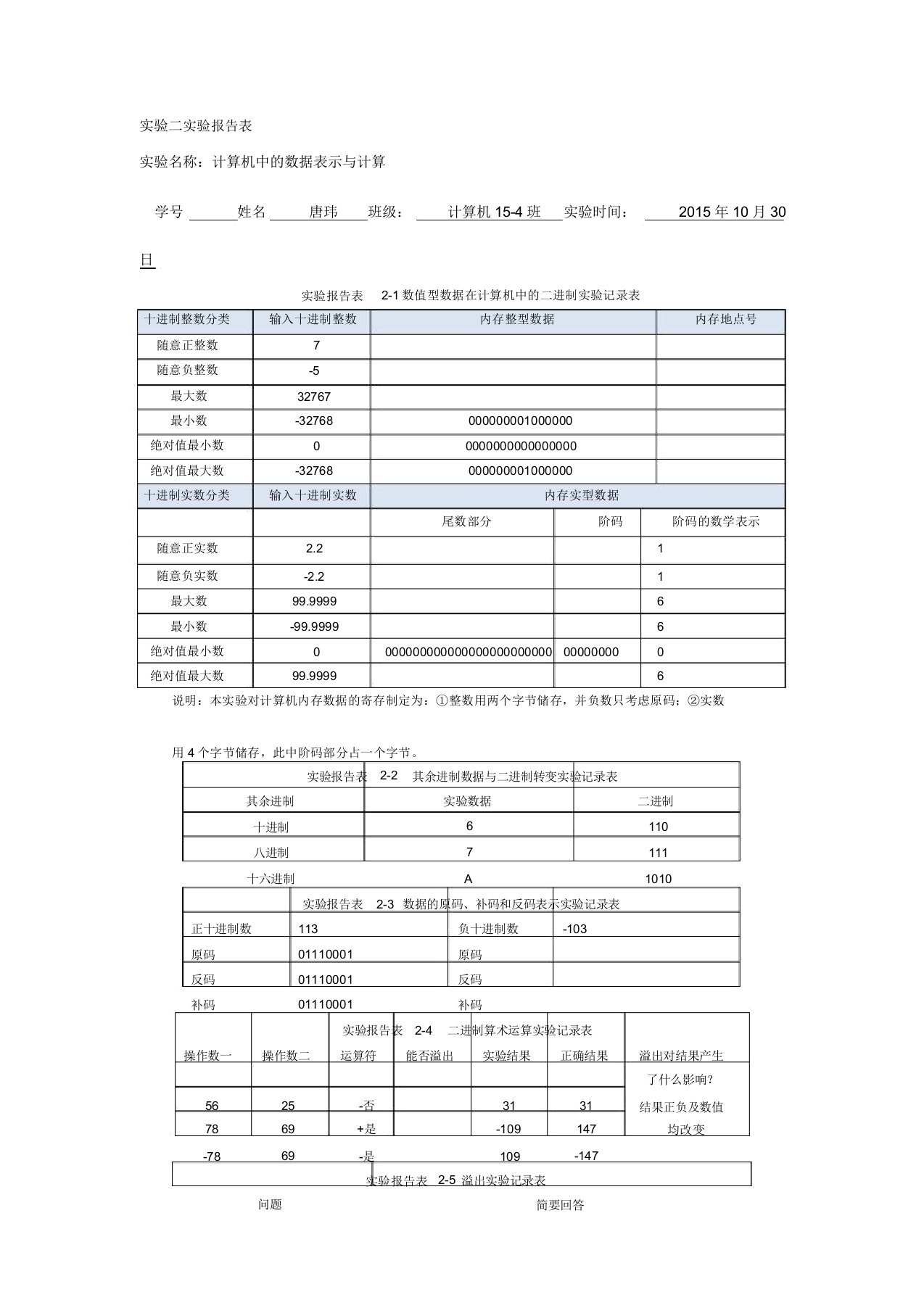 北京理工大学实验二实验报告表