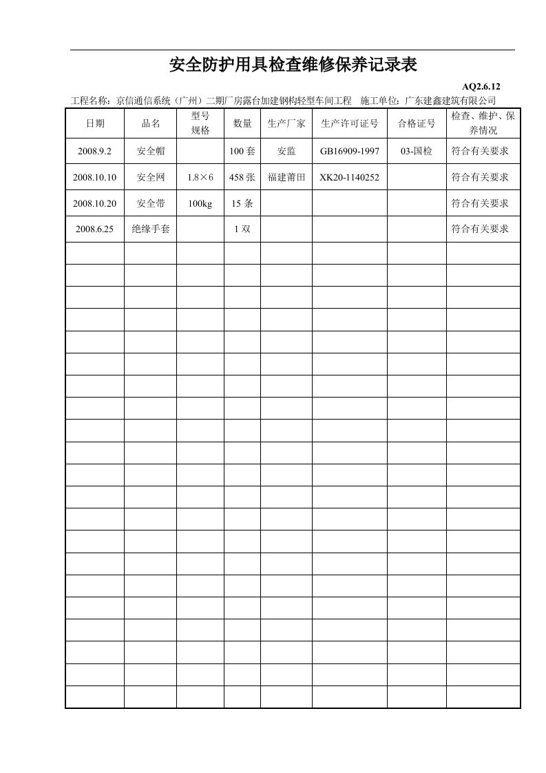 建筑资料-安全防护用具检查维修保养记录表