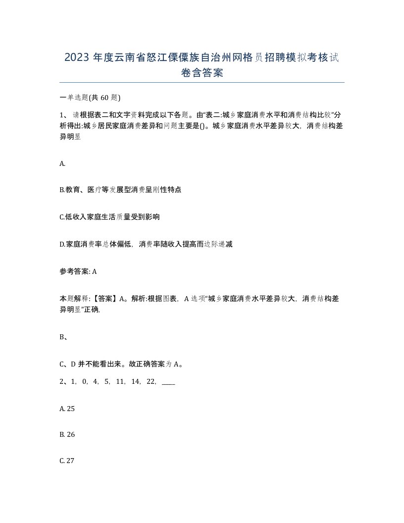 2023年度云南省怒江傈僳族自治州网格员招聘模拟考核试卷含答案